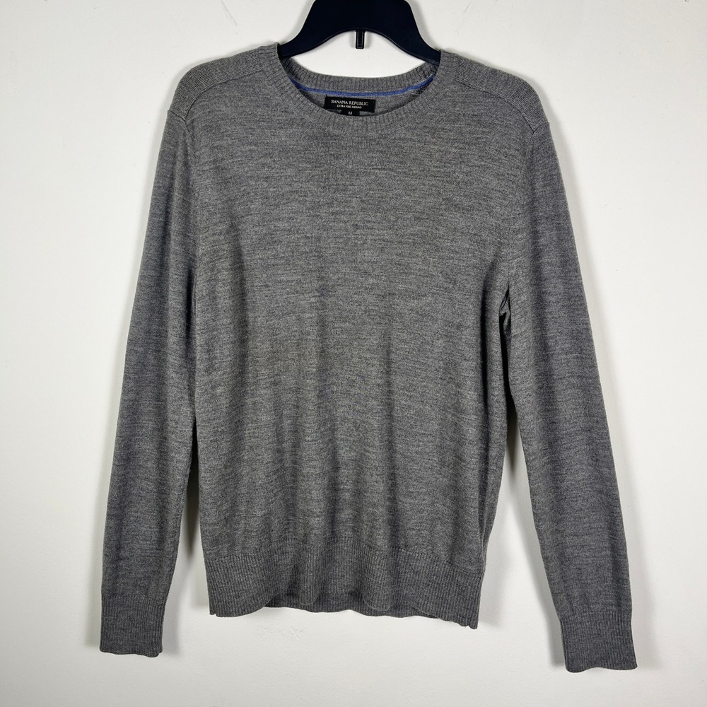 Banana Republic Mens Extra Fine Merino Wool Sweater Gray M Preppy Old Money